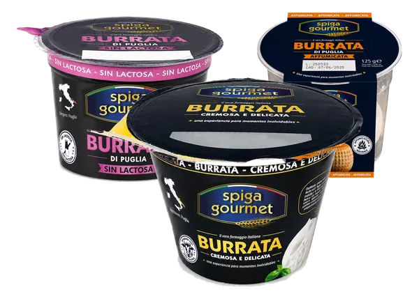 Tres tarrinas de burrata Spiga Gourmet de 125 gramos: la clásica delante, la sin lactosa y la affumicata detrás