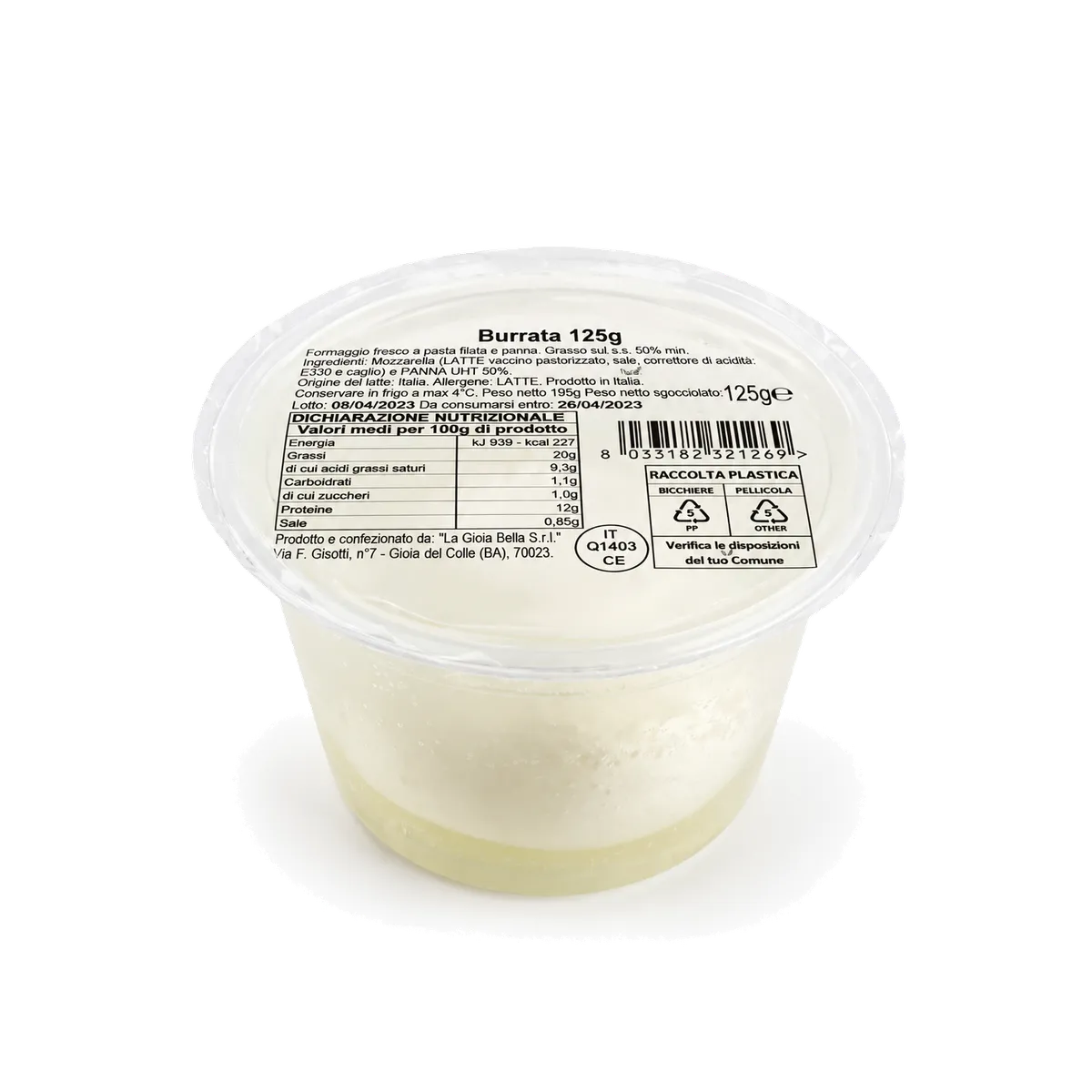 Burrata La Gioia Bella Congelada 6x125g, producto de Spiga Impex