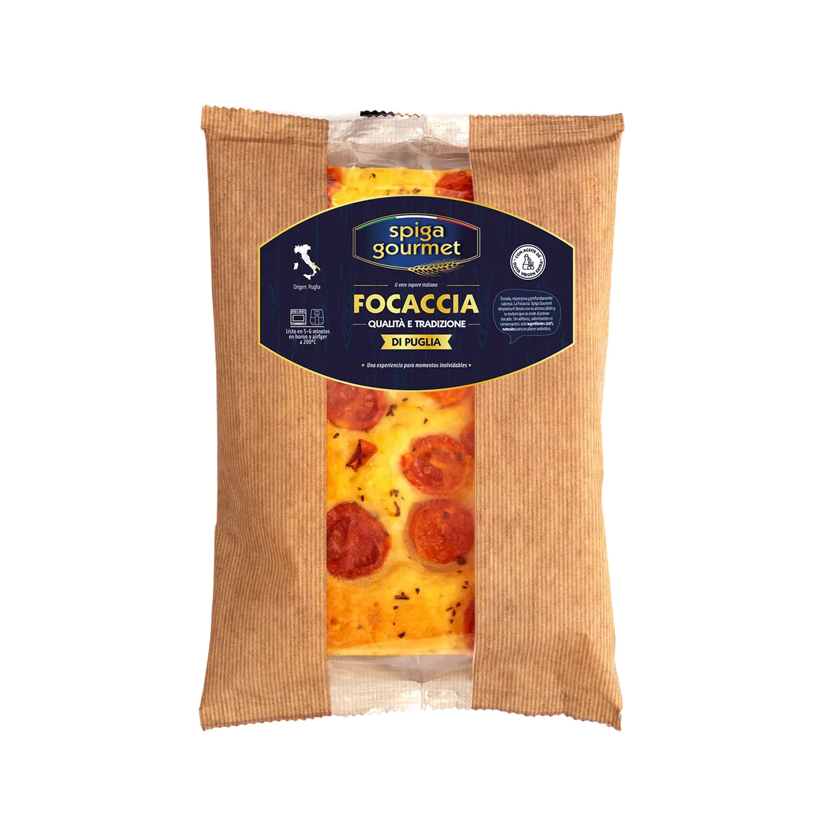 Focaccia con tomates cherry y romero Spiga Gourmet Cratf 10x210g, producto de Spiga Impex