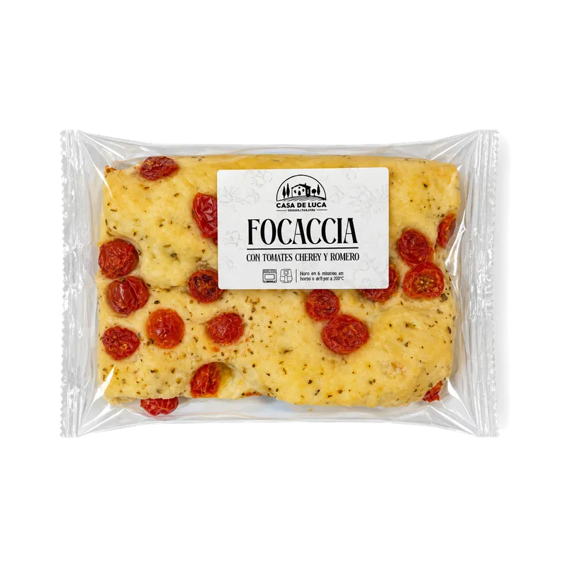 Focaccia Tomates Cherry y romero Casa de Luca 10x210g, producto de Spiga Impex