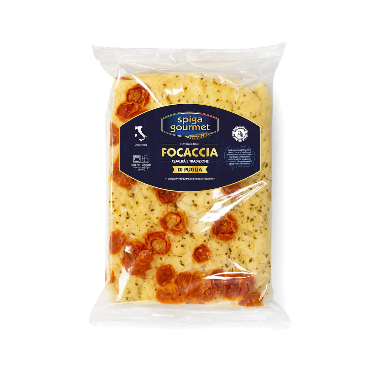 Focaccia Tomates Cherry y romero Spiga Gourmet 10x210g, producto de Spiga Impex