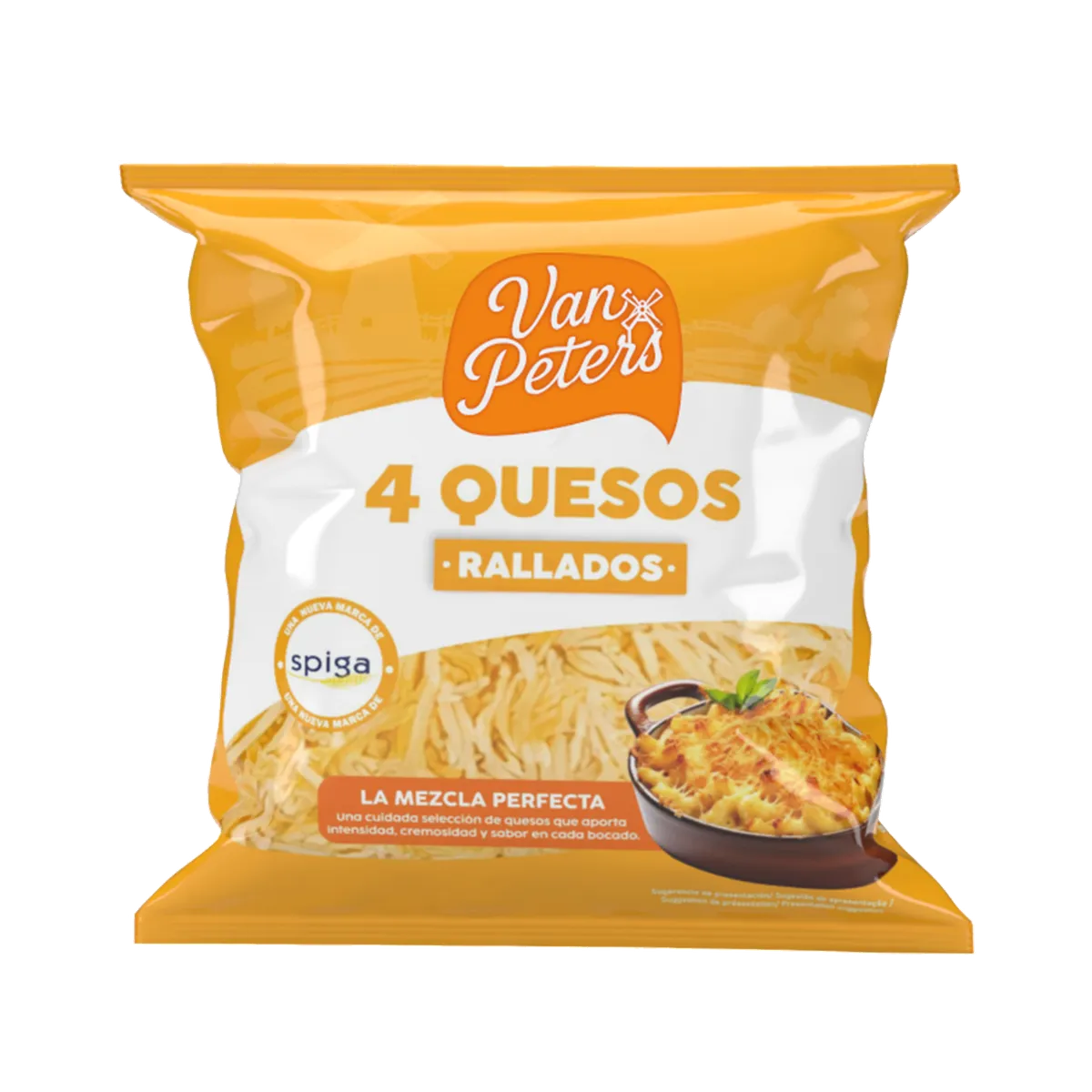 Mix 4 quesos rallados 45% 4 mm 10x1 kg, producto de Spiga Impex