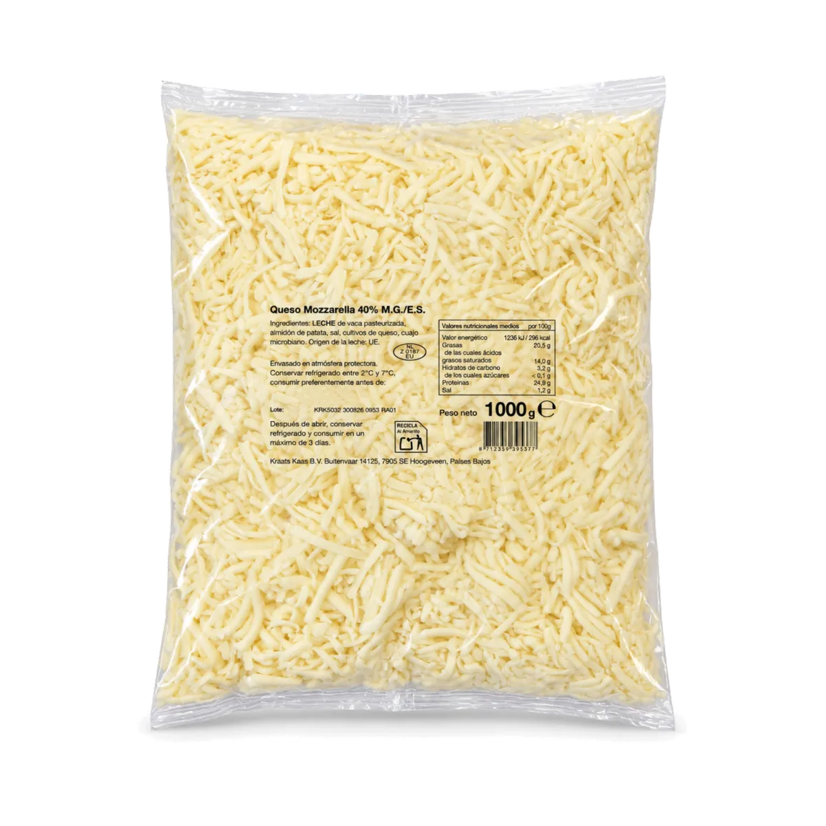 Mozzarella 40% rallada 10x1 kg, producto de Spiga Impex
