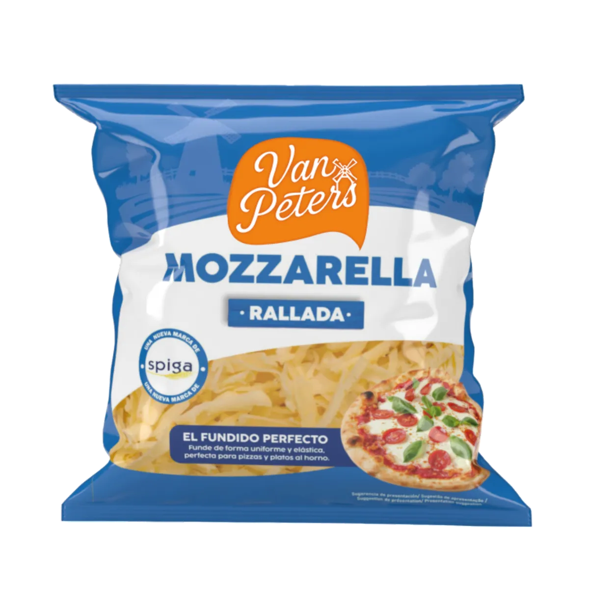 Mozzarella 40% rallada 6 mm 10x1 kg, producto de Spiga Impex
