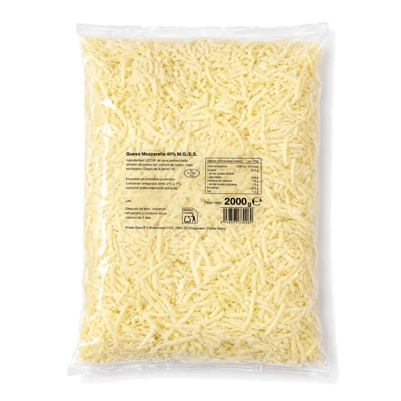 Mozzarella 40% rallada 6 mm 5x2 kg, producto de Spiga Impex