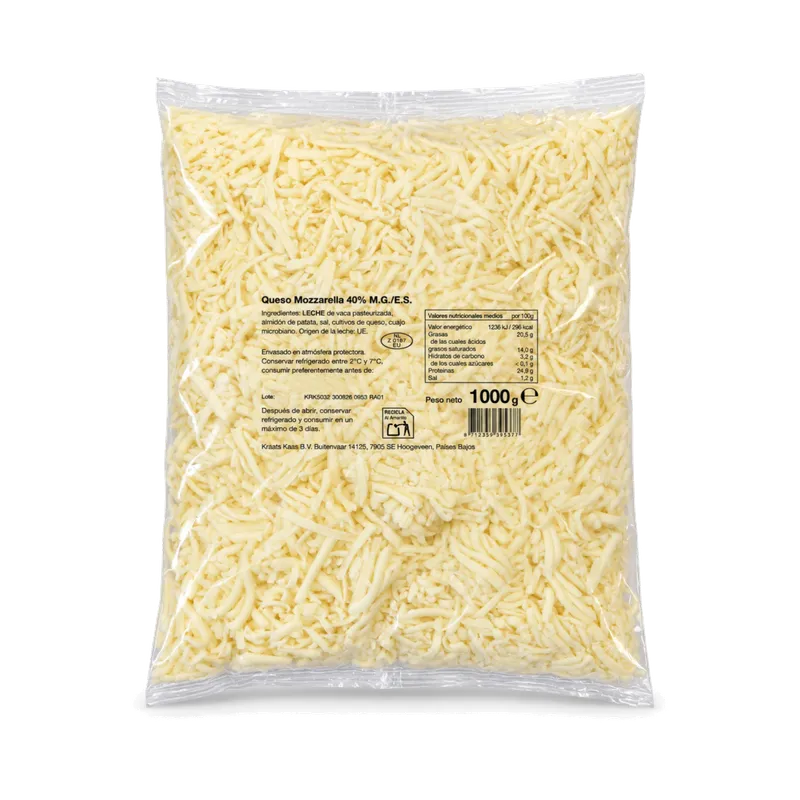 Mozzarella 40% rallada 6 mm 10x1 kg, producto de Spiga Impex